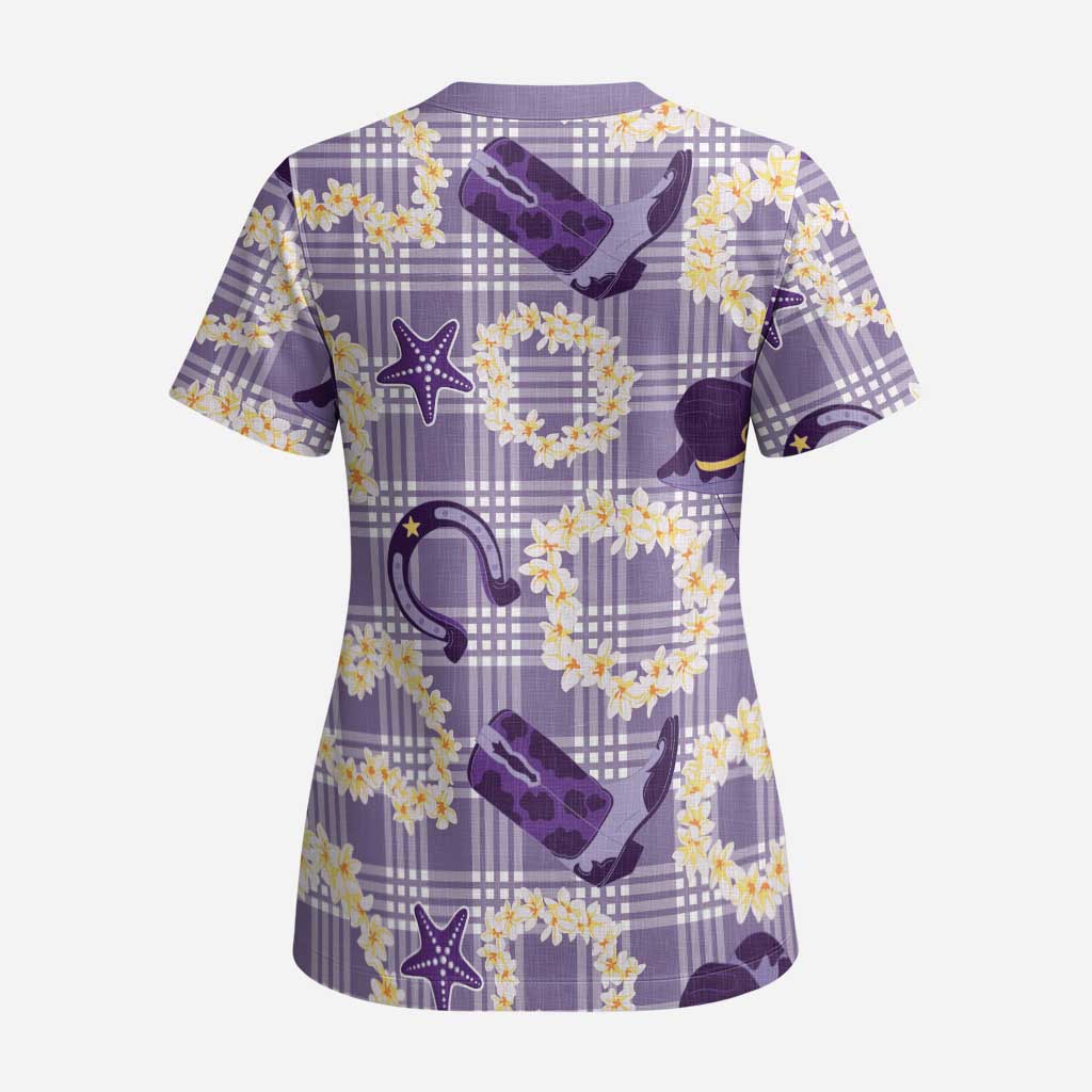 Aloha Hawaii Paniolo Lavender Palaka Scrub Top Coastal Rodeo - Polynesian Pride