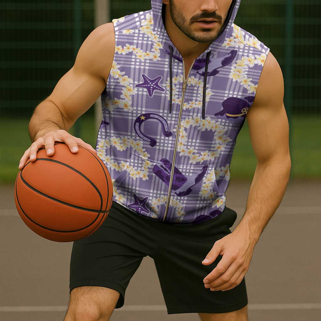 Aloha Hawaii Paniolo Lavender Palaka Sleeveless Zip Hoodie Coastal Rodeo - Polynesian Pride