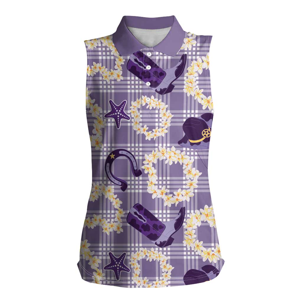 Aloha Hawaii Paniolo Lavender Palaka Women Sleeveless Polo Shirt Coastal Rodeo - Polynesian Pride