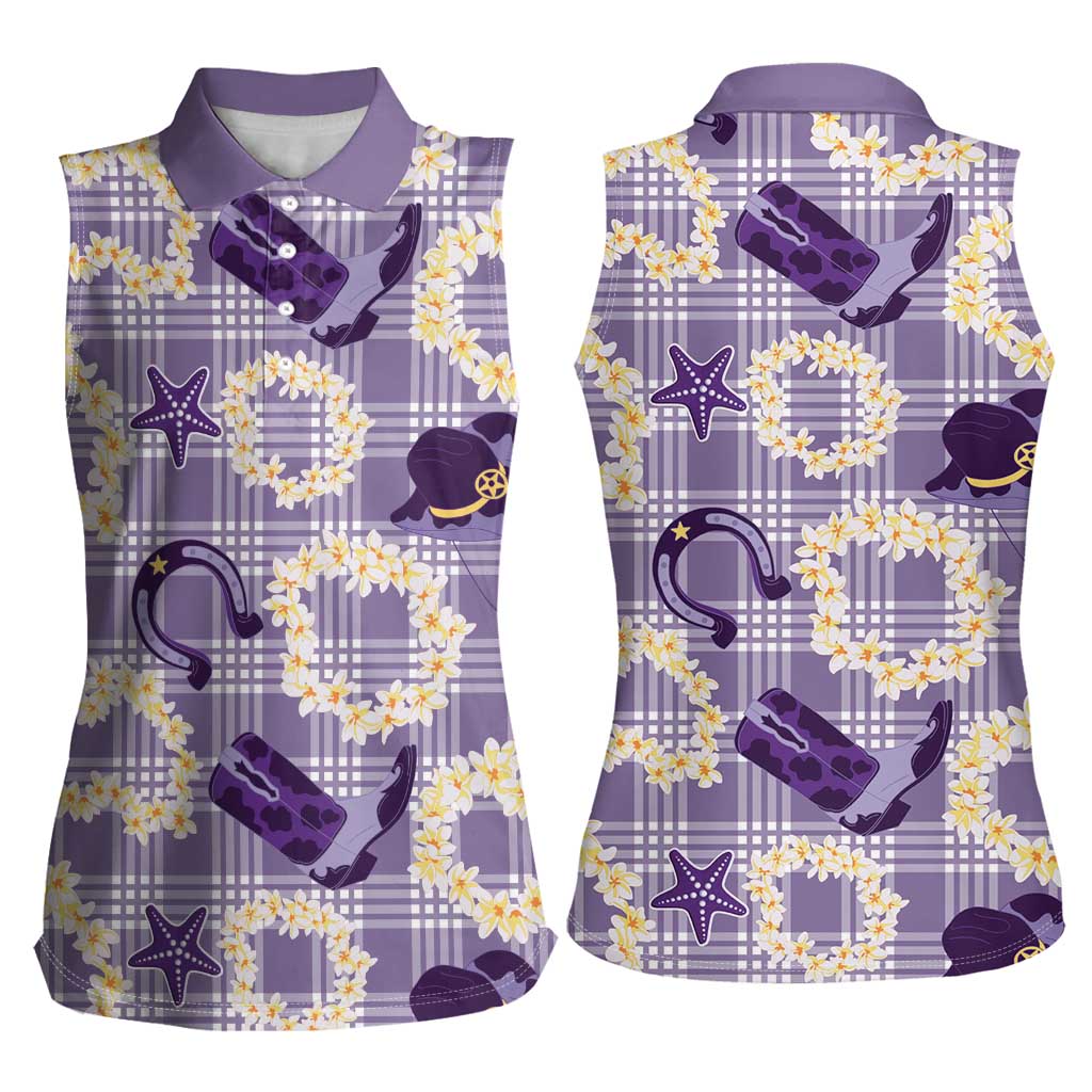 Aloha Hawaii Paniolo Lavender Palaka Women Sleeveless Polo Shirt Coastal Rodeo LT7 - Polynesian Pride