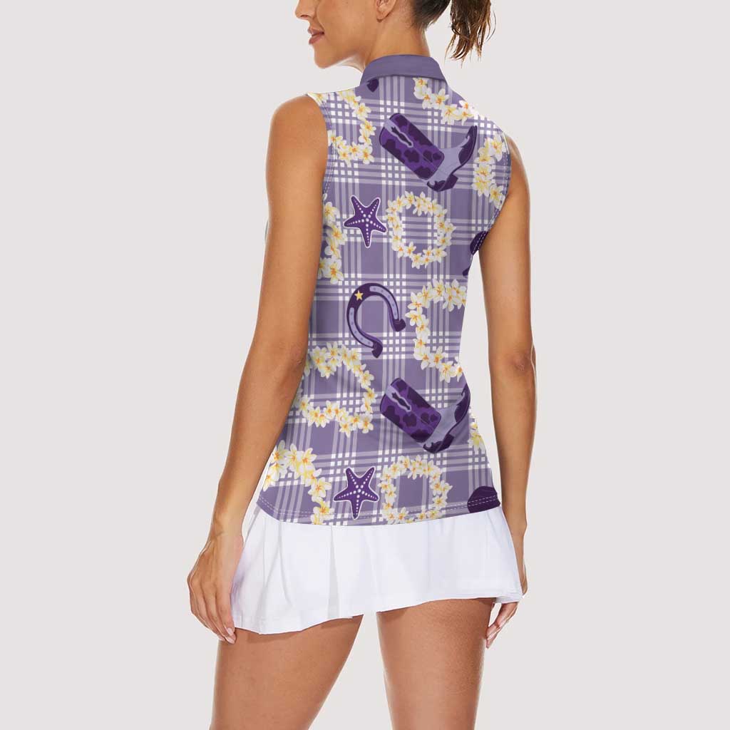 Aloha Hawaii Paniolo Lavender Palaka Women Sleeveless Polo Shirt Coastal Rodeo LT7 - Polynesian Pride