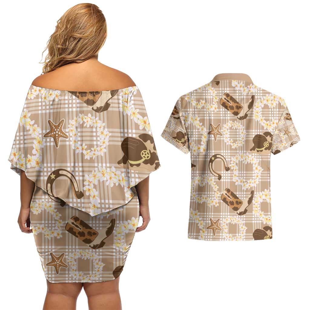 Aloha Hawaii Paniolo Khaki Palaka Couples Matching Off Shoulder Short Dress and Hawaiian Shirt Coastal Rodeo - Polynesian Pride