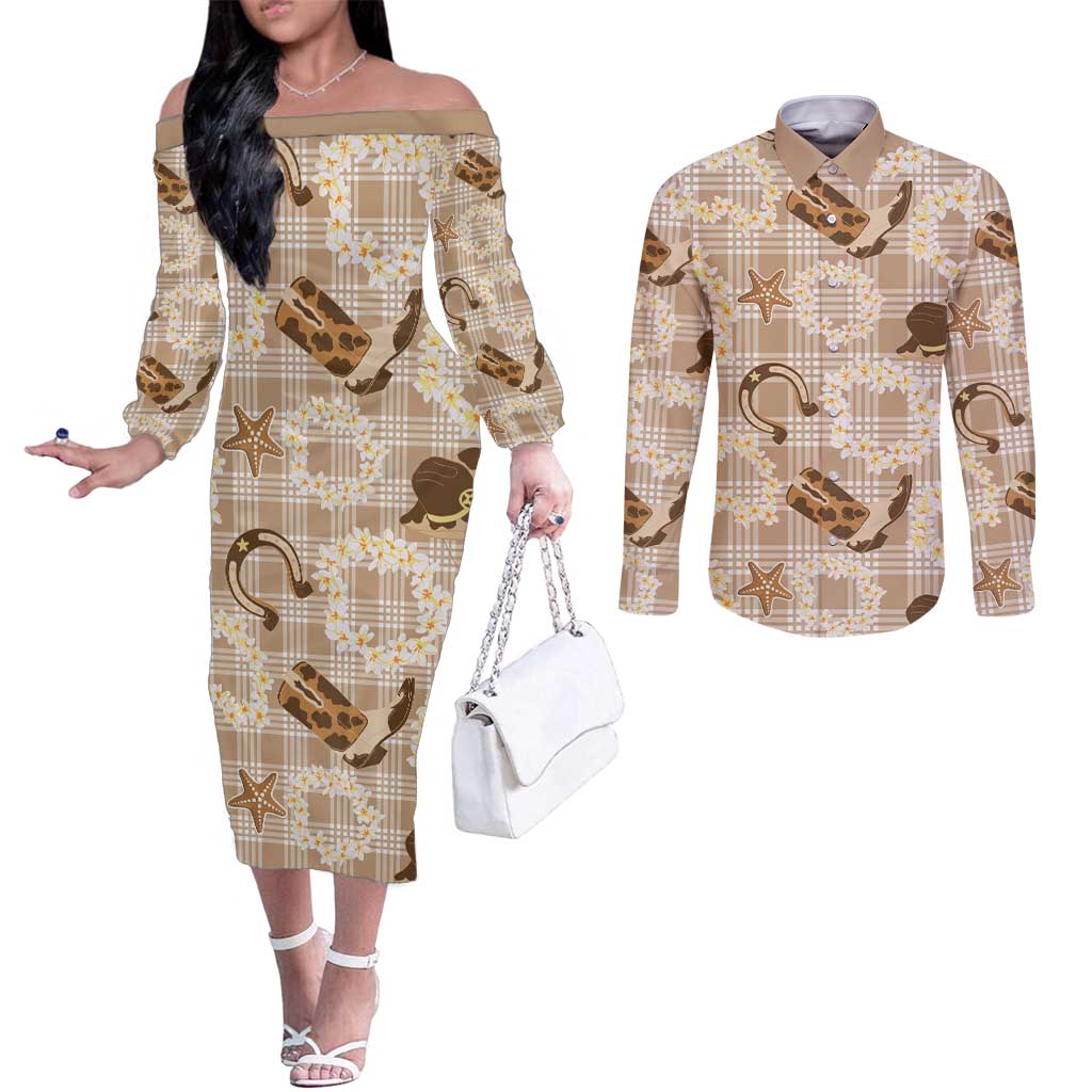 Aloha Hawaii Paniolo Khaki Palaka Couples Matching Off The Shoulder Long Sleeve Dress and Long Sleeve Button Shirt Coastal Rodeo - Polynesian Pride
