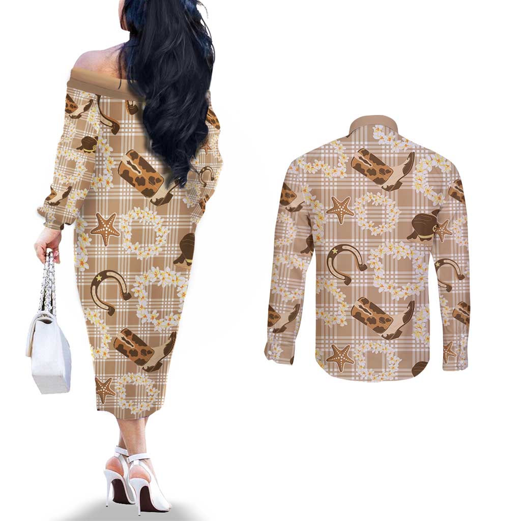 Aloha Hawaii Paniolo Khaki Palaka Couples Matching Off The Shoulder Long Sleeve Dress and Long Sleeve Button Shirt Coastal Rodeo - Polynesian Pride