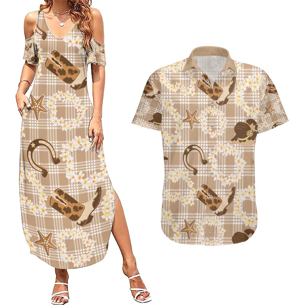 Aloha Hawaii Paniolo Khaki Palaka Couples Matching Summer Maxi Dress and Hawaiian Shirt Coastal Rodeo - Polynesian Pride
