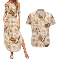 Aloha Hawaii Paniolo Khaki Palaka Couples Matching Summer Maxi Dress and Hawaiian Shirt Coastal Rodeo - Polynesian Pride