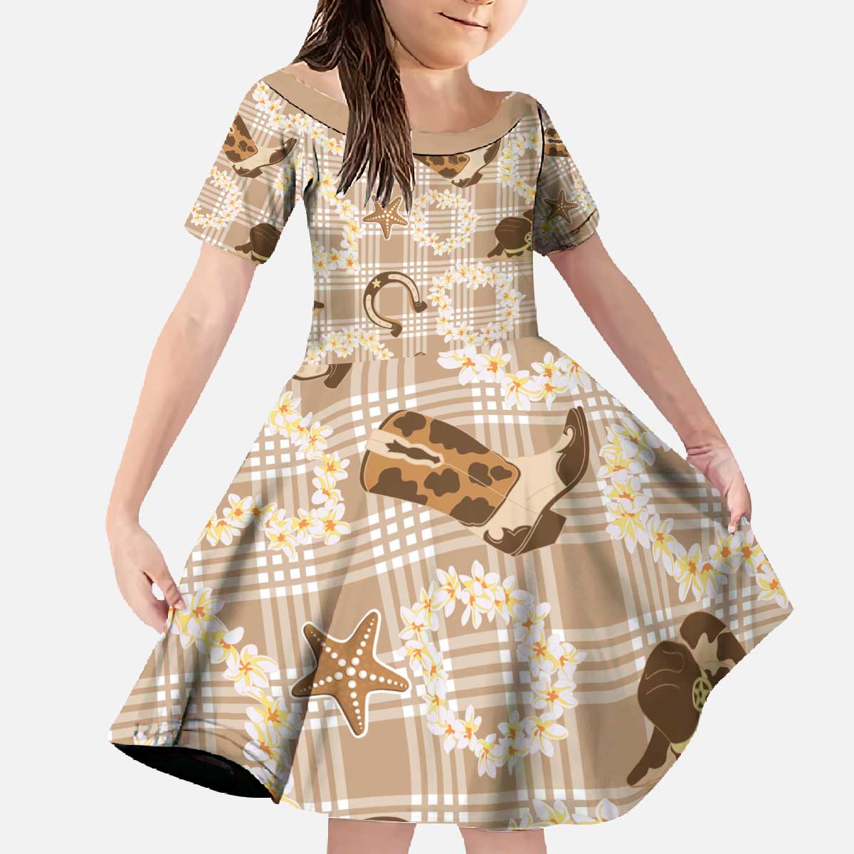 Aloha Hawaii Paniolo Khaki Palaka Family Matching Off The Shoulder Long Sleeve Dress and Hawaiian Shirt Coastal Rodeo - Polynesian Pride