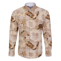 Aloha Hawaii Paniolo Khaki Palaka Family Matching Off The Shoulder Long Sleeve Dress and Hawaiian Shirt Coastal Rodeo - Polynesian Pride