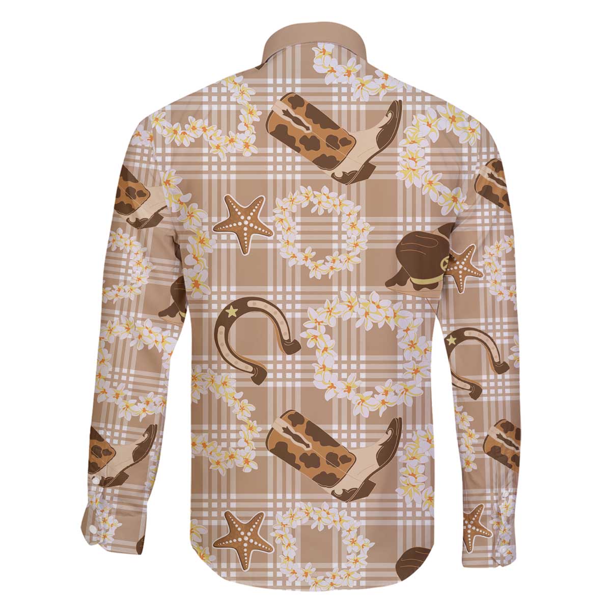 Aloha Hawaii Paniolo Khaki Palaka Family Matching Off The Shoulder Long Sleeve Dress and Hawaiian Shirt Coastal Rodeo - Polynesian Pride