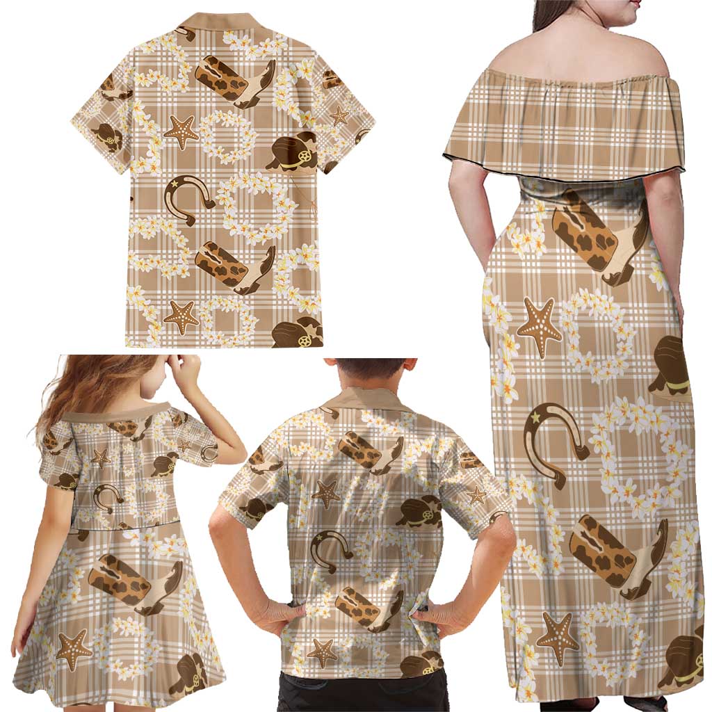 Aloha Hawaii Paniolo Khaki Palaka Family Matching Off Shoulder Maxi Dress and Hawaiian Shirt Coastal Rodeo - Polynesian Pride