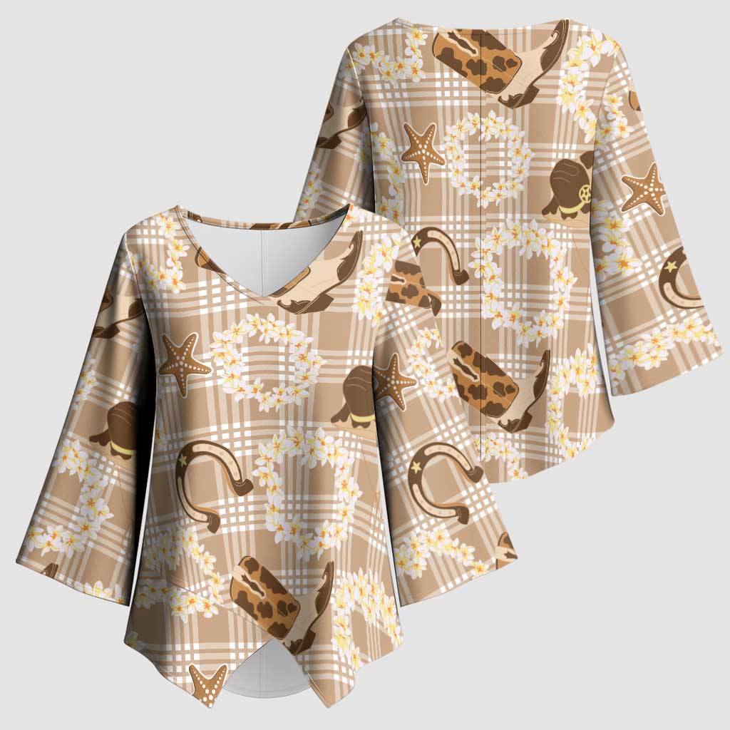 Aloha Hawaii Paniolo Khaki Palaka Kimono Sleeve Blouse Coastal Rodeo LT7 - Polynesian Pride