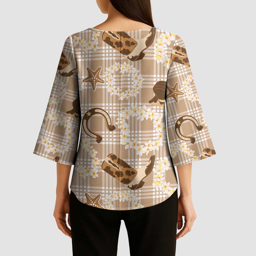 Aloha Hawaii Paniolo Khaki Palaka Kimono Sleeve Blouse Coastal Rodeo LT7 - Polynesian Pride