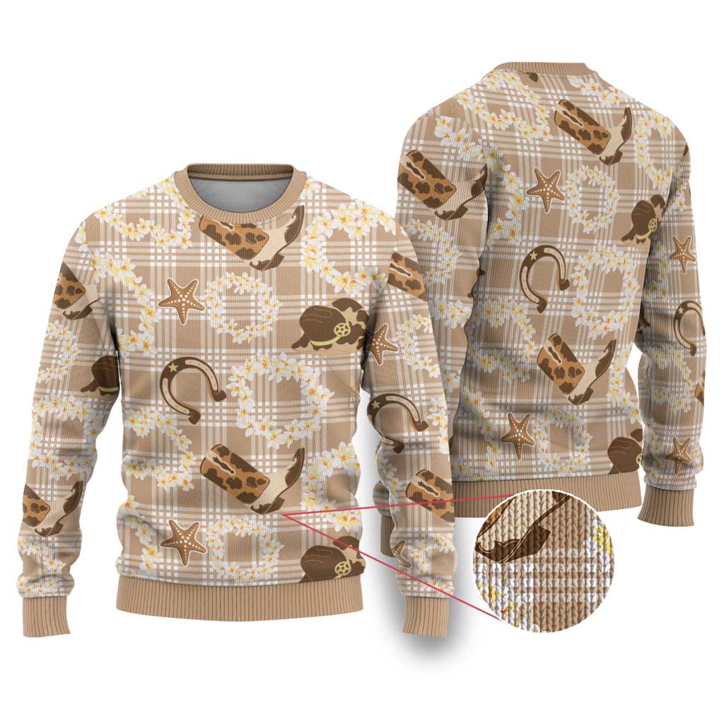 Aloha Hawaii Paniolo Khaki Palaka Ugly Christmas Sweater Coastal Rodeo - Polynesian Pride