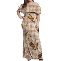 Aloha Hawaii Paniolo Khaki Palaka Off Shoulder Maxi Dress Coastal Rodeo - Polynesian Pride