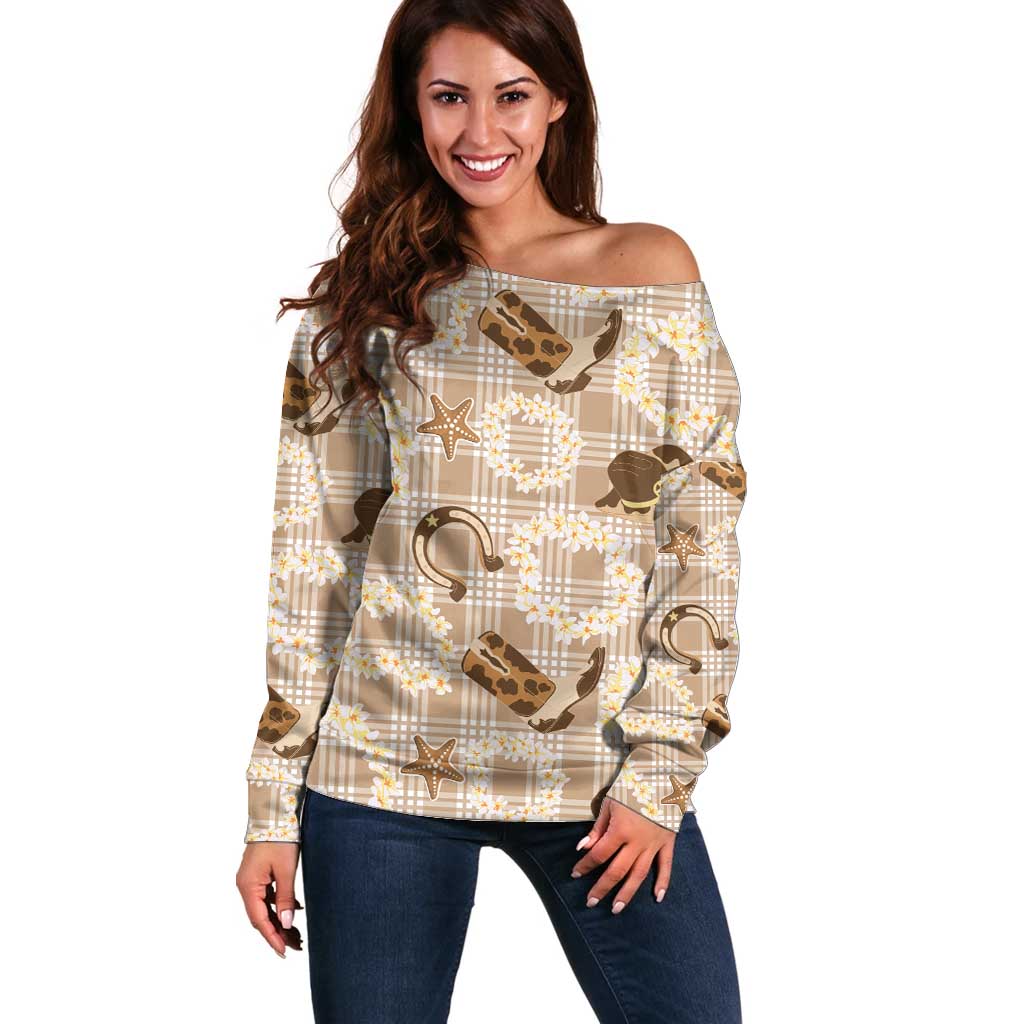 Aloha Hawaii Paniolo Khaki Palaka Off Shoulder Sweater Coastal Rodeo - Polynesian Pride