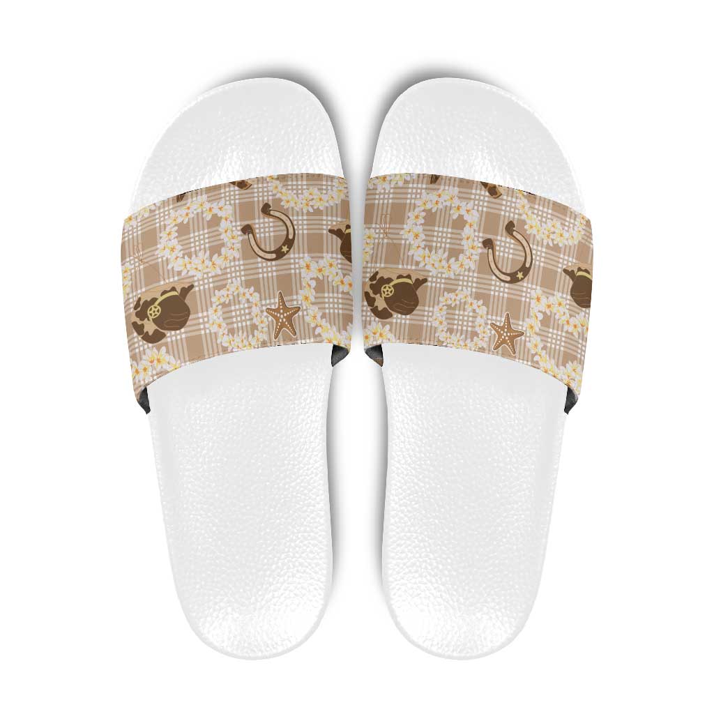 Aloha Hawaii Paniolo Khaki Palaka Slide Sandals Coastal Rodeo - Polynesian Pride