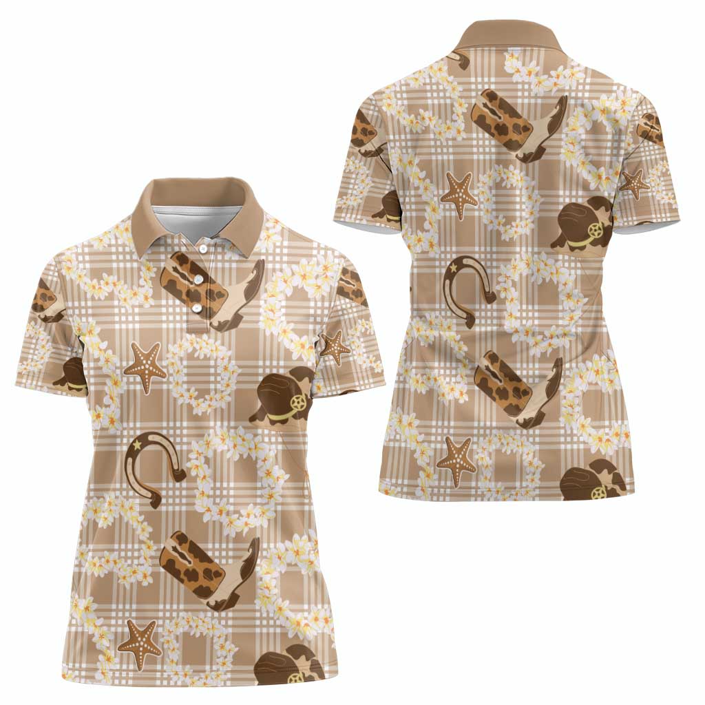 Aloha Hawaii Paniolo Khaki Palaka Women Polo Shirt Coastal Rodeo - Polynesian Pride