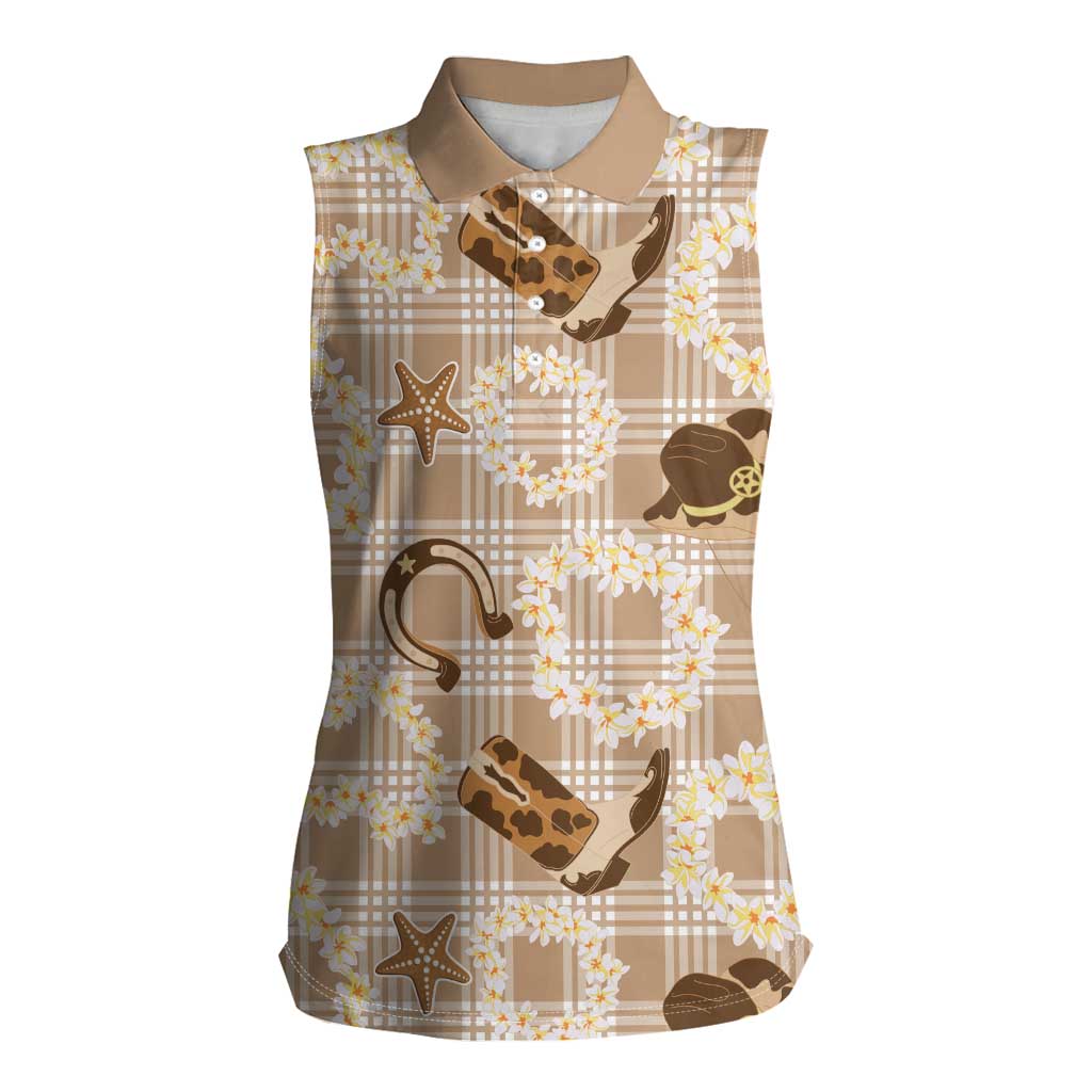 Aloha Hawaii Paniolo Khaki Palaka Women Sleeveless Polo Shirt Coastal Rodeo - Polynesian Pride