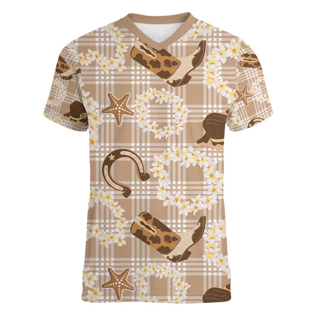 Aloha Hawaii Paniolo Khaki Palaka Women V-Neck T-Shirt Coastal Rodeo - Polynesian Pride