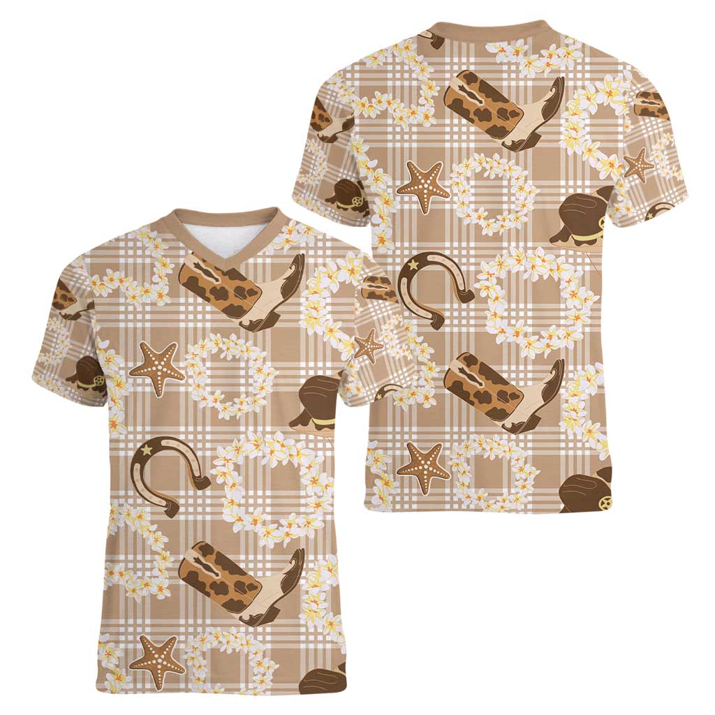 Aloha Hawaii Paniolo Khaki Palaka Women V-Neck T-Shirt Coastal Rodeo - Polynesian Pride