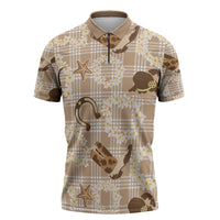 Aloha Hawaii Paniolo Khaki Palaka Zipper Polo Shirt Coastal Rodeo LT7 Khaki - Polynesian Pride