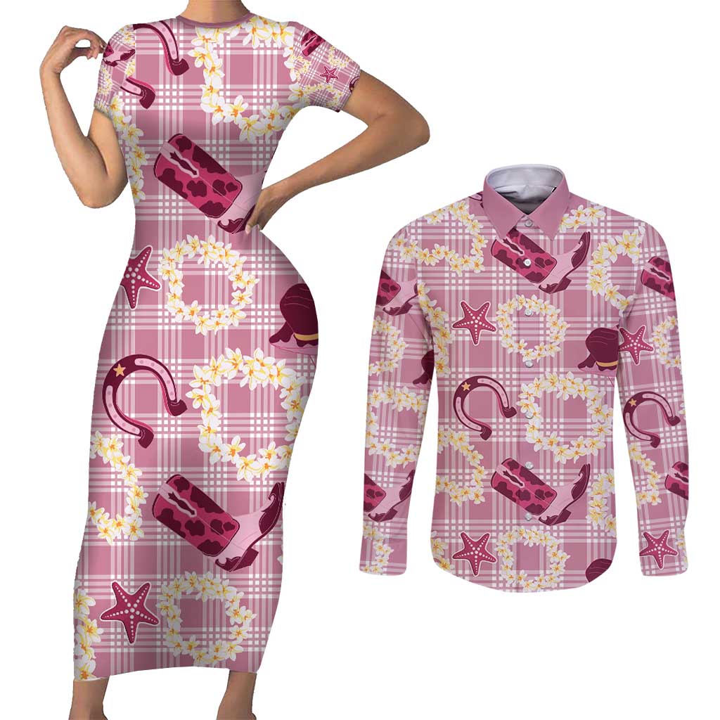 Aloha Hawaii Paniolo Lokelani Rose Palaka Couples Matching Short Sleeve Bodycon Dress and Long Sleeve Button Shirt Coastal Rodeo - Polynesian Pride