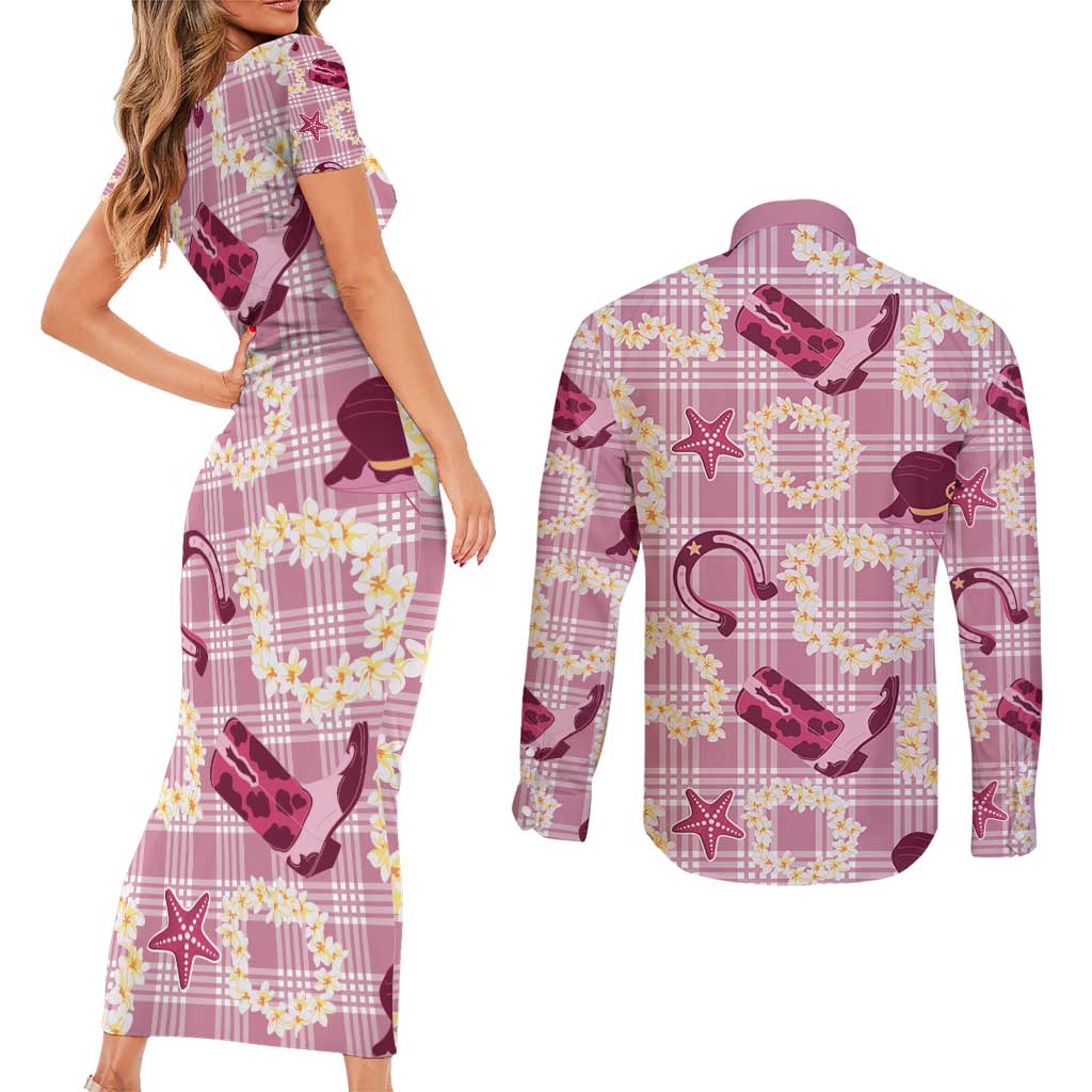 Aloha Hawaii Paniolo Lokelani Rose Palaka Couples Matching Short Sleeve Bodycon Dress and Long Sleeve Button Shirt Coastal Rodeo - Polynesian Pride