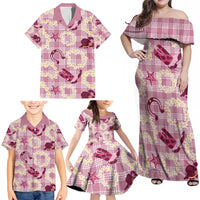 Aloha Hawaii Paniolo Lokelani Rose Palaka Family Matching Off Shoulder Maxi Dress and Hawaiian Shirt Coastal Rodeo - Polynesian Pride