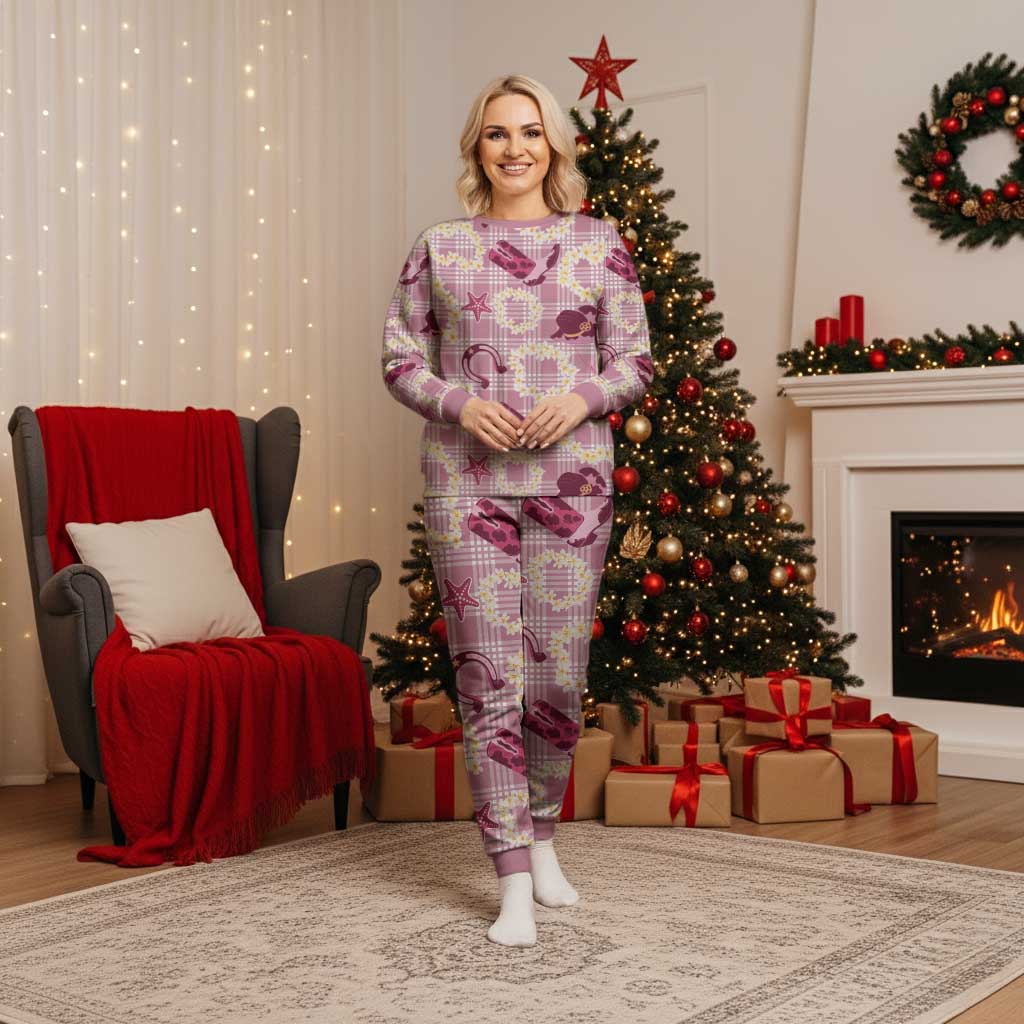 Aloha Hawaii Paniolo Lokelani Rose Palaka Christmas Pajama Set Coastal Rodeo LT7 Women Rose Pink - Polynesian Pride