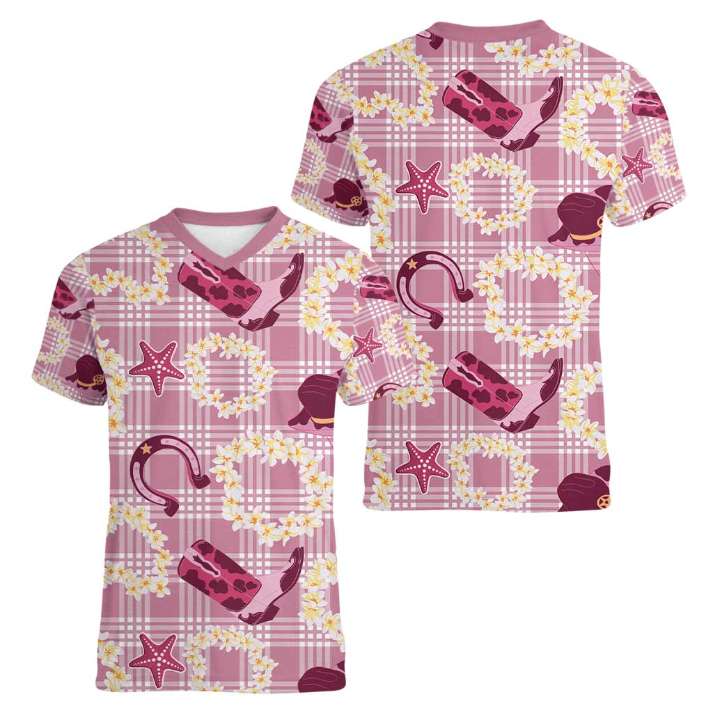 Aloha Hawaii Paniolo Lokelani Rose Palaka Women V-Neck T-Shirt Coastal Rodeo - Polynesian Pride