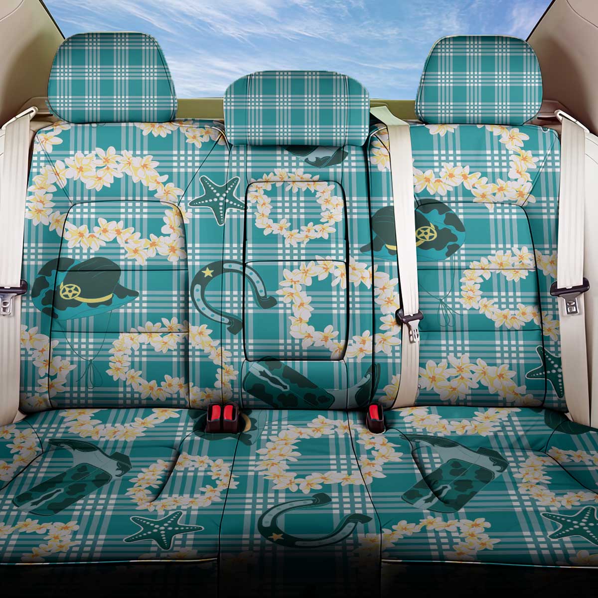 Aloha Hawaii Paniolo Teal Palaka Back Car Seat Cover Coastal Rodeo - Polynesian Pride