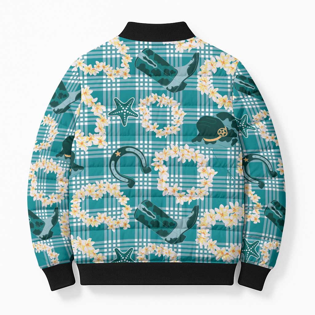 Aloha Hawaii Paniolo Teal Palaka Bomber Puffer Jacket Coastal Rodeo LT7 - Polynesian Pride
