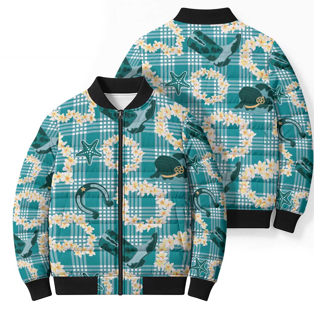 Aloha Hawaii Paniolo Teal Palaka Bomber Puffer Jacket Coastal Rodeo LT7 - Polynesian Pride