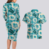 Aloha Hawaii Paniolo Teal Palaka Couples Matching Long Sleeve Bodycon Dress and Hawaiian Shirt Coastal Rodeo - Polynesian Pride