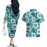Aloha Hawaii Paniolo Teal Palaka Couples Matching Off The Shoulder Long Sleeve Dress and Hawaiian Shirt Coastal Rodeo - Polynesian Pride