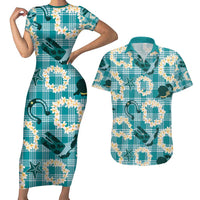 Aloha Hawaii Paniolo Teal Palaka Couples Matching Short Sleeve Bodycon Dress and Hawaiian Shirt Coastal Rodeo - Polynesian Pride