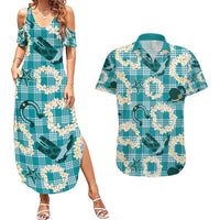 Aloha Hawaii Paniolo Teal Palaka Couples Matching Summer Maxi Dress and Hawaiian Shirt Coastal Rodeo - Polynesian Pride