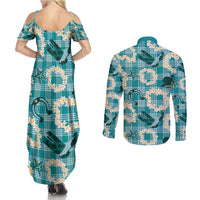 Aloha Hawaii Paniolo Teal Palaka Couples Matching Summer Maxi Dress and Long Sleeve Button Shirt Coastal Rodeo - Polynesian Pride