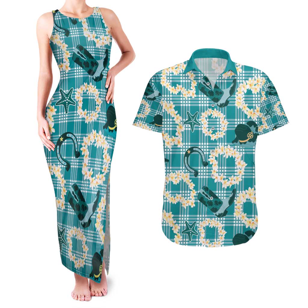 Aloha Hawaii Paniolo Teal Palaka Couples Matching Tank Maxi Dress and Hawaiian Shirt Coastal Rodeo - Polynesian Pride
