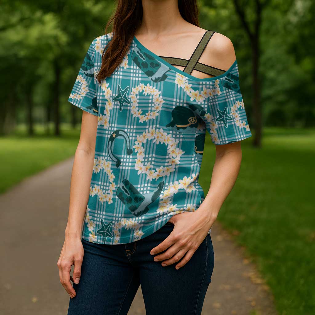 Aloha Hawaii Paniolo Teal Palaka Cross Shoulder Shirt Coastal Rodeo LT7 - Polynesian Pride