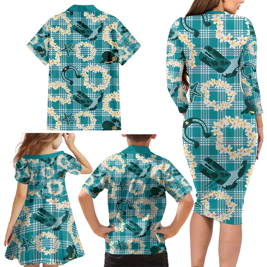 Aloha Hawaii Paniolo Teal Palaka Family Matching Long Sleeve Bodycon Dress and Hawaiian Shirt Coastal Rodeo - Polynesian Pride