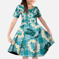 Aloha Hawaii Paniolo Teal Palaka Family Matching Off The Shoulder Long Sleeve Dress and Hawaiian Shirt Coastal Rodeo - Polynesian Pride