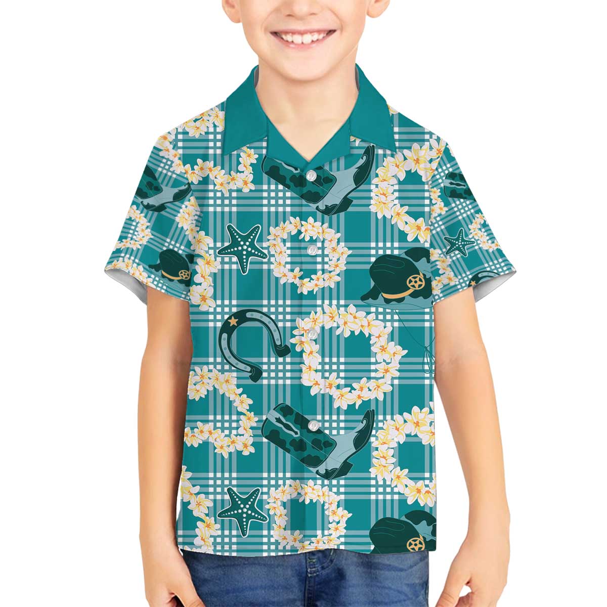 Aloha Hawaii Paniolo Teal Palaka Family Matching Off The Shoulder Long Sleeve Dress and Hawaiian Shirt Coastal Rodeo - Polynesian Pride