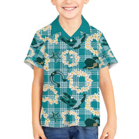 Aloha Hawaii Paniolo Teal Palaka Family Matching Off The Shoulder Long Sleeve Dress and Hawaiian Shirt Coastal Rodeo - Polynesian Pride