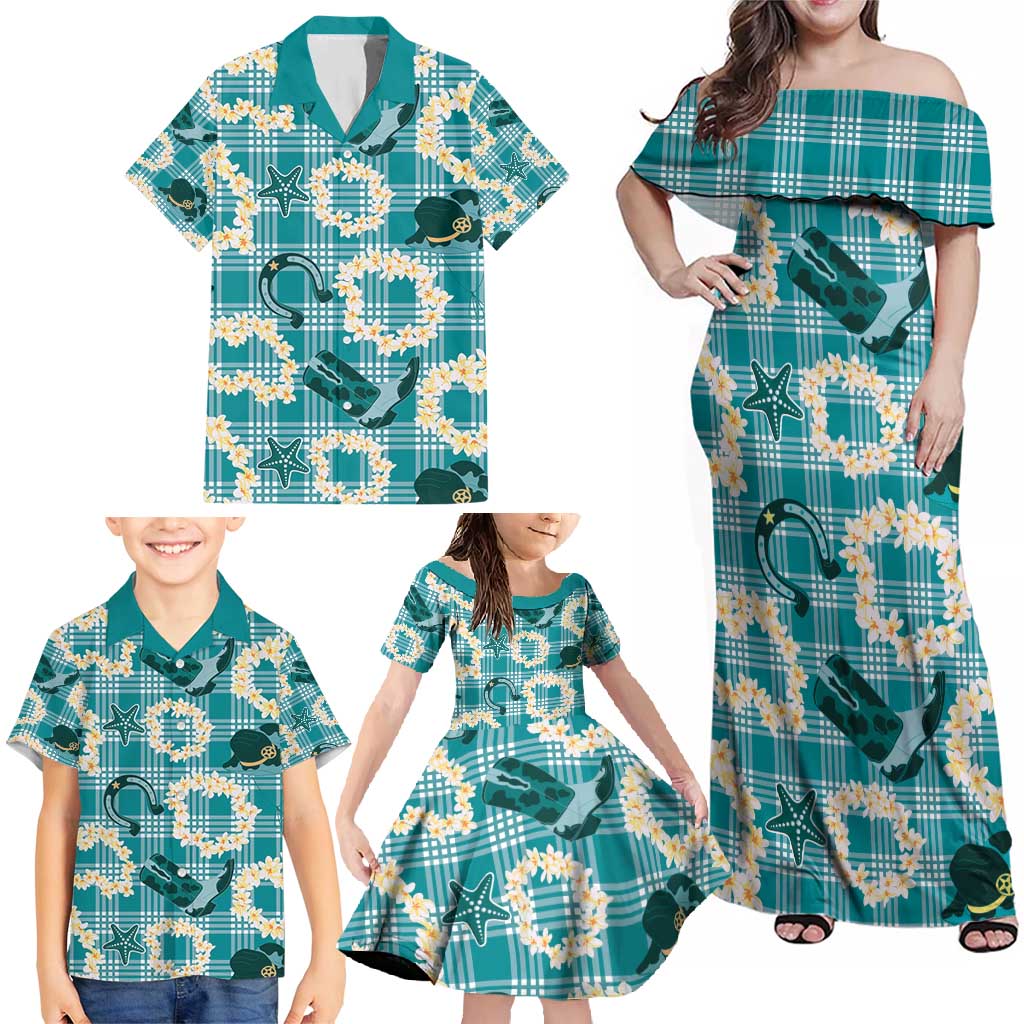 Aloha Hawaii Paniolo Teal Palaka Family Matching Off Shoulder Maxi Dress and Hawaiian Shirt Coastal Rodeo - Polynesian Pride