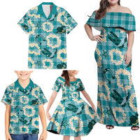 Aloha Hawaii Paniolo Teal Palaka Family Matching Off Shoulder Maxi Dress and Hawaiian Shirt Coastal Rodeo - Polynesian Pride