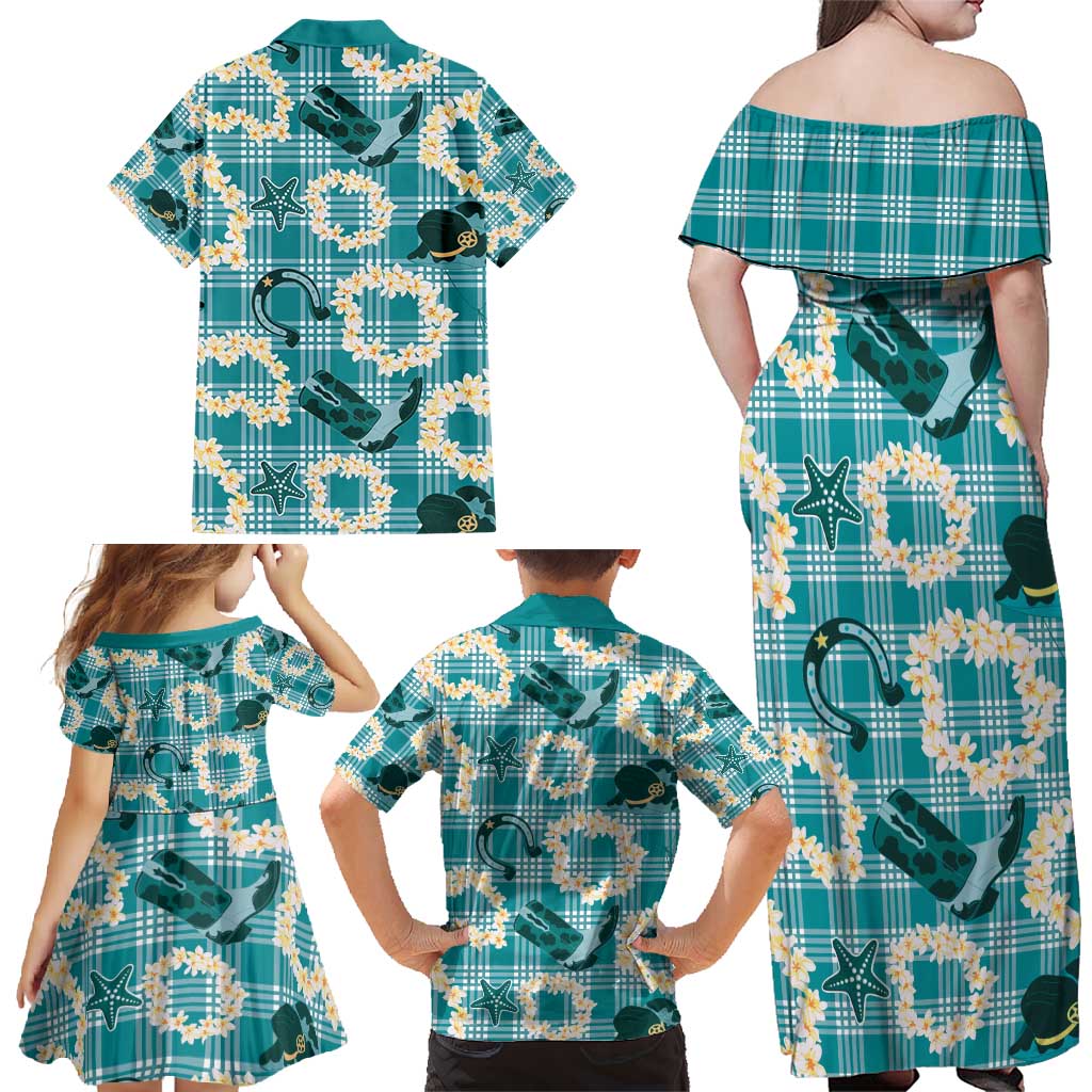 Aloha Hawaii Paniolo Teal Palaka Family Matching Off Shoulder Maxi Dress and Hawaiian Shirt Coastal Rodeo - Polynesian Pride
