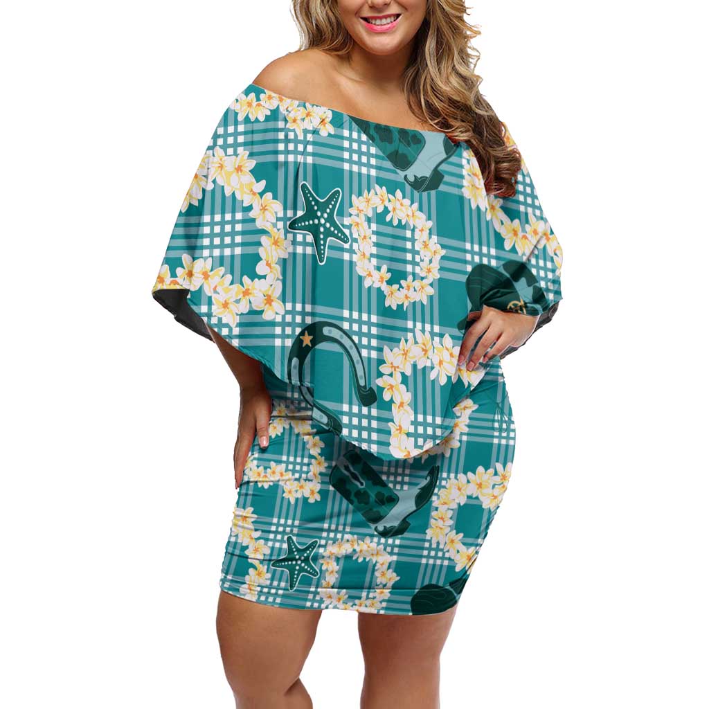 Aloha Hawaii Paniolo Teal Palaka Family Matching Off Shoulder Short Dress and Hawaiian Shirt Coastal Rodeo - Polynesian Pride