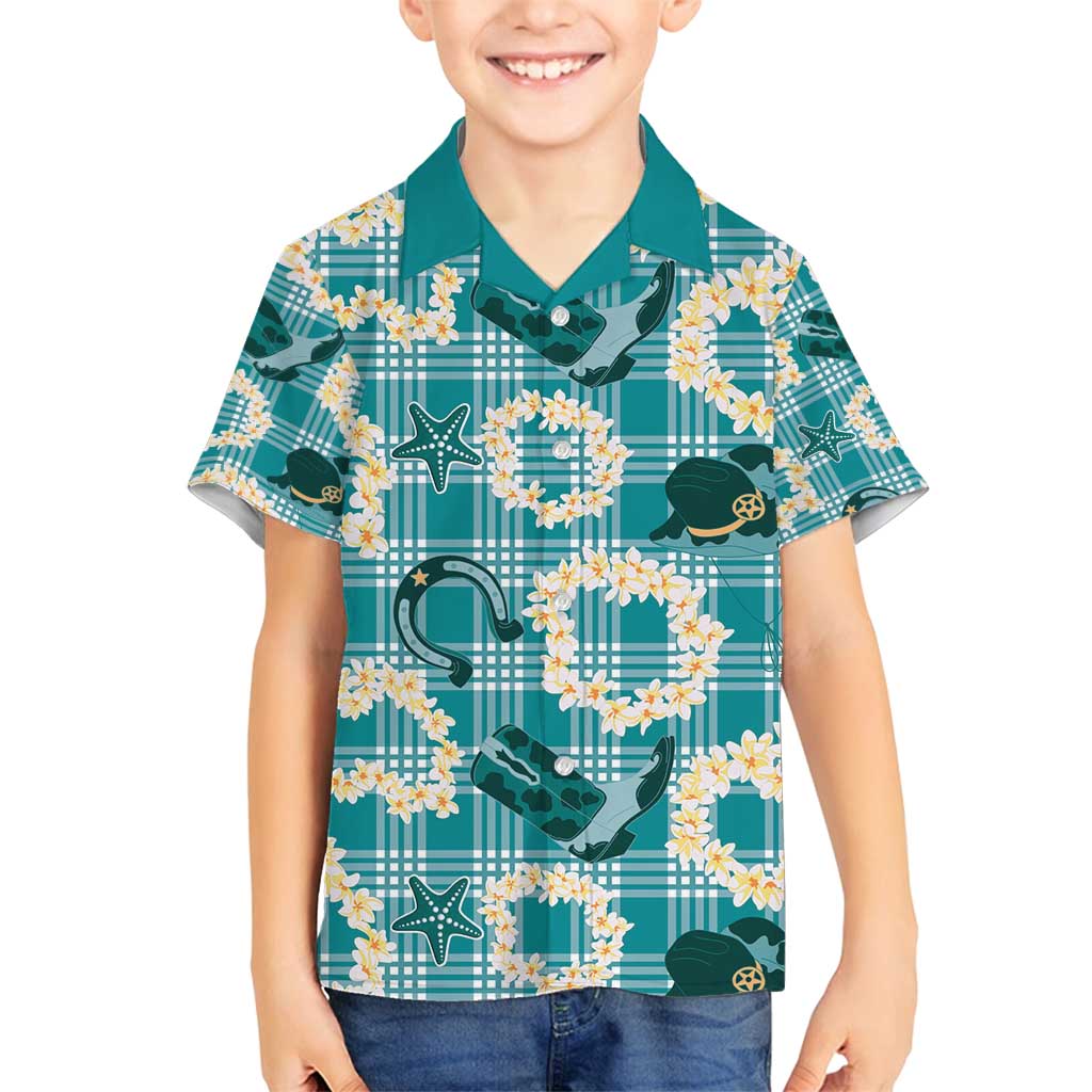 Aloha Hawaii Paniolo Teal Palaka Family Matching Off Shoulder Short Dress and Hawaiian Shirt Coastal Rodeo - Polynesian Pride