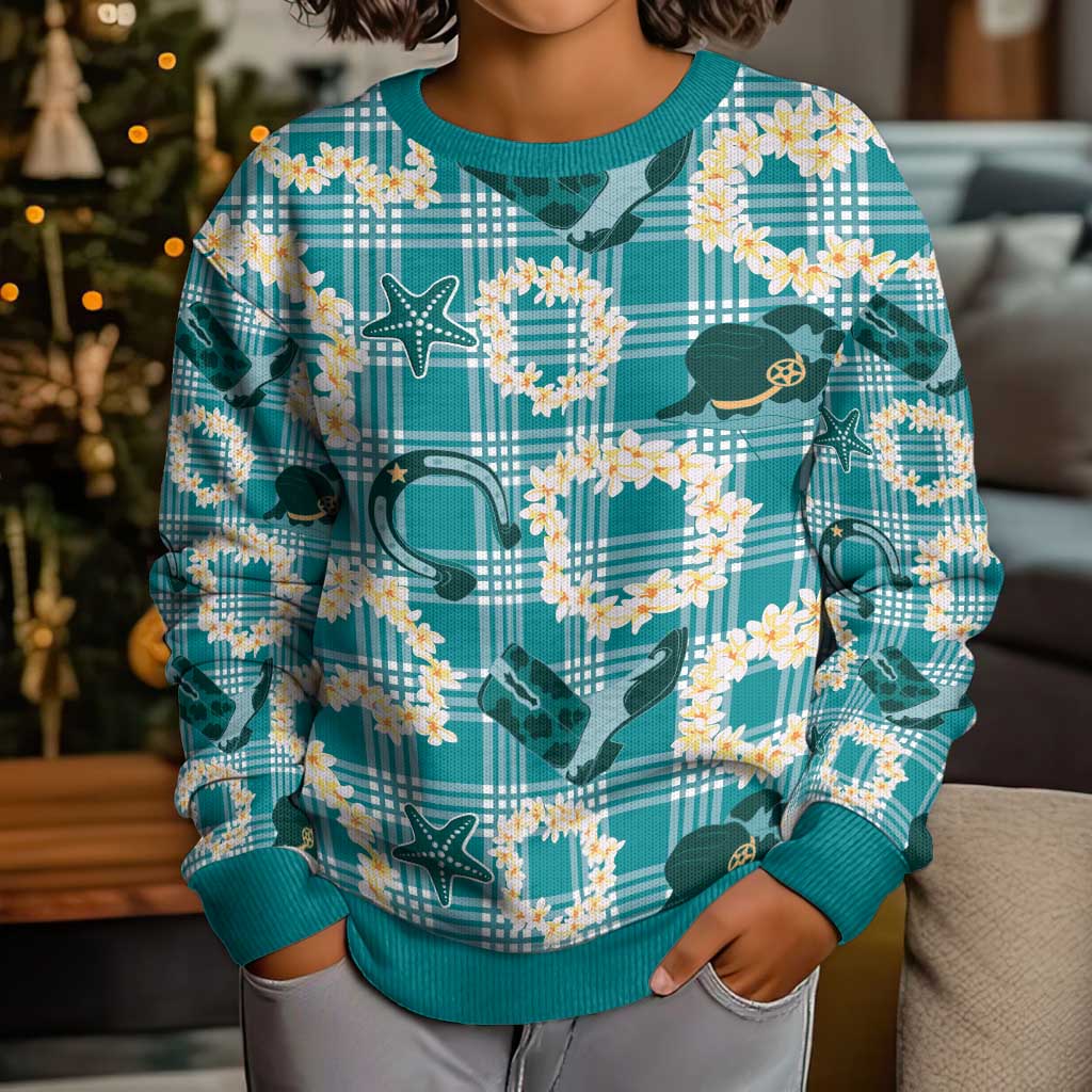 Aloha Hawaii Paniolo Teal Palaka Kid Ugly Christmas Sweater Coastal Rodeo - Polynesian Pride
